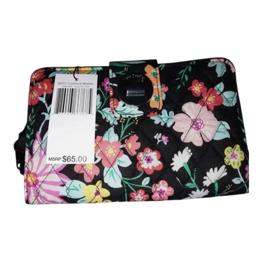 Vera Bradley RFID Turn Lock Wallet in TANGERINE TWIST Black Floral New